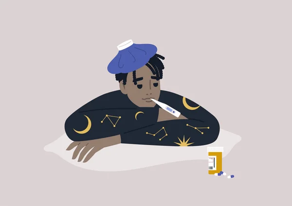 Молодой Мужчина Африканского Характера Страдающий Лихорадки Постели Коронавирусное Лечение Здравоохранение — стоковый вектор