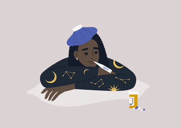 Jeune Personnage Africain Féminin Souffrant Fièvre Lit Coronavirus Soins Santé — Image vectorielle