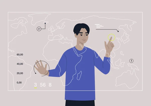 Młody Azjata Badający Rozszerzoną Mapę Rzeczywistości Infografiką Przejrzysty Futurystyczny Ekran — Wektor stockowy
