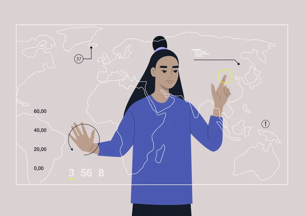 Młoda Azjatycka Postać Badająca Rozszerzoną Mapę Rzeczywistości Infografiką Przejrzysty Futurystyczny — Wektor stockowy