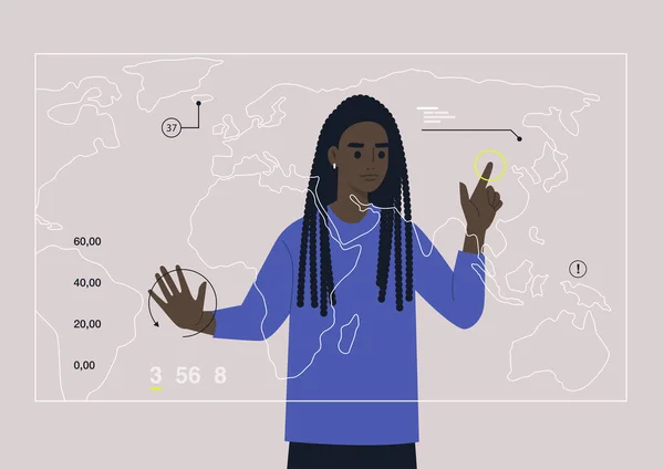Egy Fiatal Afrikai Aki Egy Kiterjesztett Valóságtérképet Kutat Infografikával Egy — Stock Vector