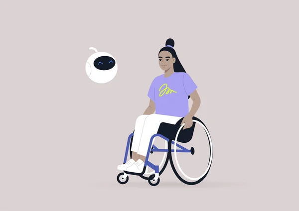 一位年轻的亚洲女轮椅使用者与可爱的圆形机器人 新技术和现代生活方式聊天 — 图库矢量图片