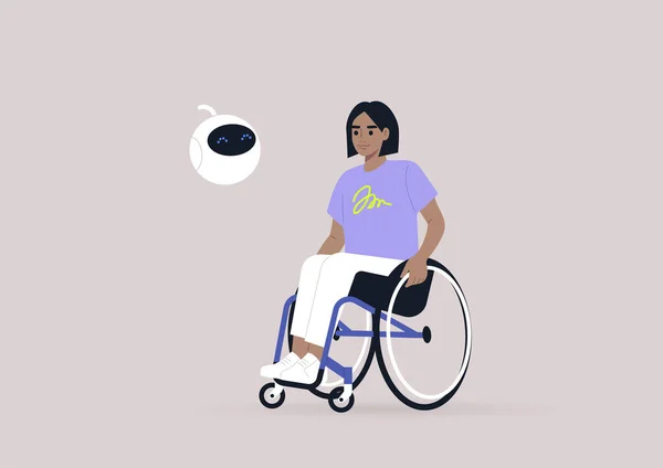 Eine Junge Kaukasische Rollstuhlfahrerin Gespräch Mit Einem Niedlichen Runden Roboter — Stockvektor