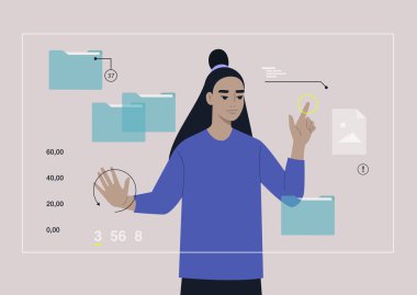 A young female Asian character researching an augmented reality workplace with folders and files on it, a transparent futuristic screen