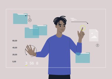 A young male African character researching an augmented reality workplace with folders and files on it, a transparent futuristic screen