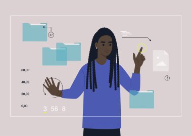 A young female African character researching an augmented reality workplace with folders and files on it, a transparent futuristic screen