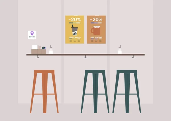 Coffeeshop Interior Bar Counter High Stools Promo Posters — Vettoriale Stock