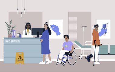 A health clinic reception, people waiting for their appointments, seats and posters on the wall, a health care concept, an annual checkup