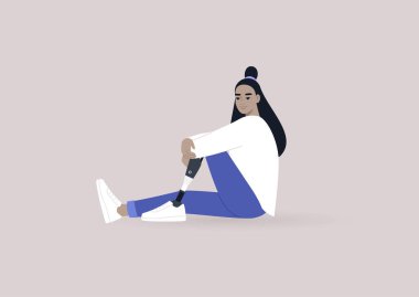 A young female Asian character with a prosthetic leg sitting on a floor