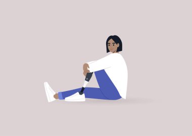 A young female Caucasian character with a prosthetic leg sitting on a floor