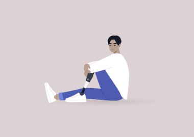 A young male Asian character with a prosthetic leg sitting on a floor