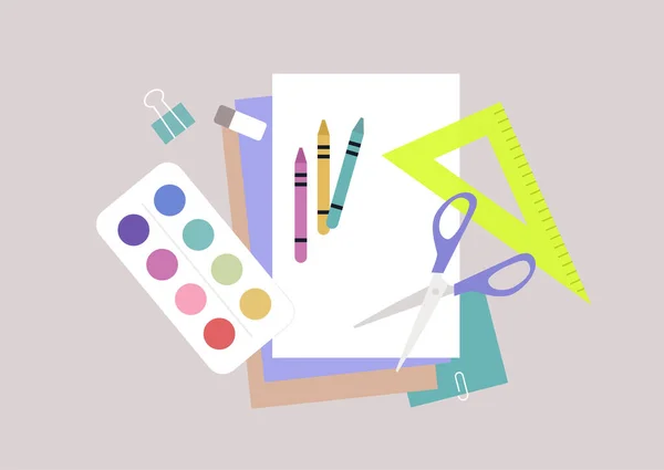 Creative Class Workshop Watercolor Paint Set Colour Paper Chalks Scissors — Stockový vektor