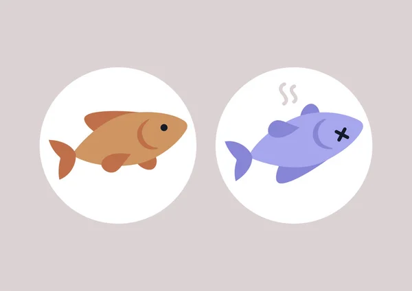 Healthy Poisoned Fish Icons Contaminated Water Environment Pollution — Stockový vektor