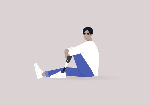 Young Male Asian Character Prosthetic Leg Sitting Floor — Stockový vektor