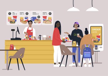 Bir fast-food zinciri restoranı, kasanın arkasında bir işçi tepside sipariş veriyor, bir grup milenyum masada yemek yiyor.