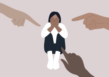Parmaklar genç bir kadını işaret ediyor ellerini kullanarak yüzünü kapatıyor, umutsuz bir durum, stres ve endişe, kurbanı suçlamak, kadın düşmanlığı ve cinsiyet ayrımcılığı.