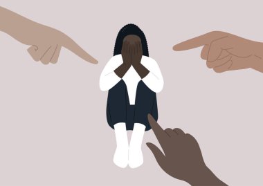 Parmaklar ellerini genç bir Afrikalı kadını işaret ediyor. Çaresiz bir durum, ırkçılık, stres ve endişe, mağdurları suçlamak, kadın düşmanlığı ve cinsiyetçilik.