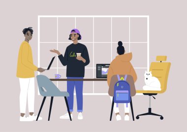 Ofiste çalışan genç yetişkinlerden oluşan çeşitli bir ekip.