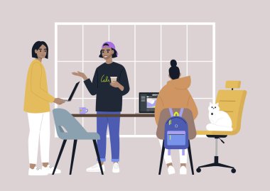 Ofiste çalışan genç yetişkinlerden oluşan çeşitli bir ekip.