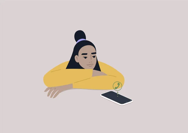 Jeune Personnage Asiatique Féminin Ignorant Appel Téléphonique Entrant Concept Fantôme — Image vectorielle