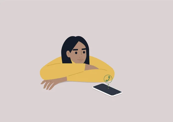 Jeune Personnage Féminin Caucasien Ignorant Appel Téléphonique Entrant Concept Fantôme — Image vectorielle