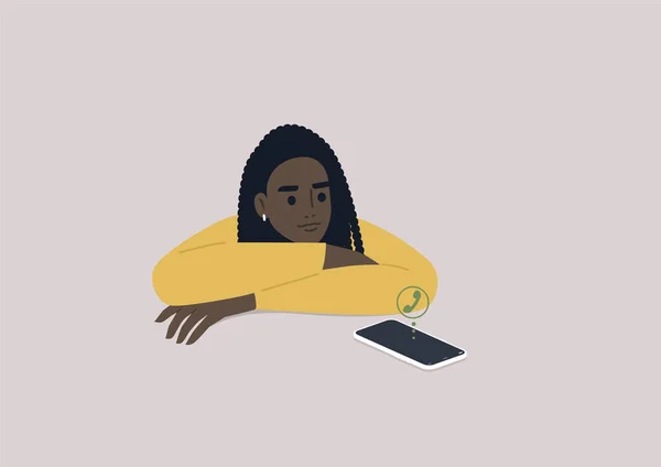 Uma Jovem Africana Ignorando Telefonema Recebido Conceito Fantasmagórico — Vetor de Stock