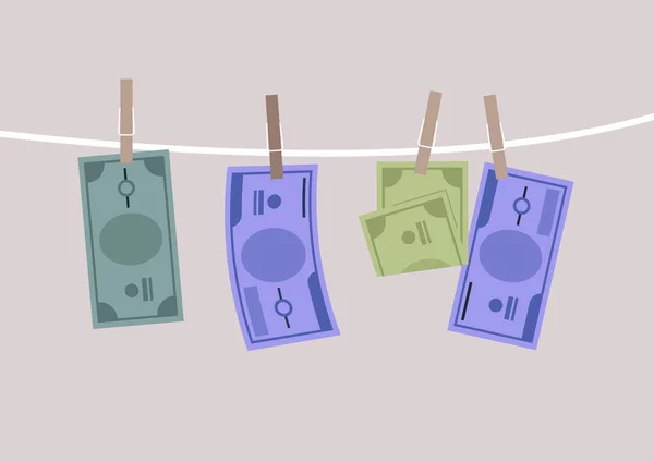 钞票干燥处钉在晾衣绳上 一种洗钱的概念 — 图库矢量图片