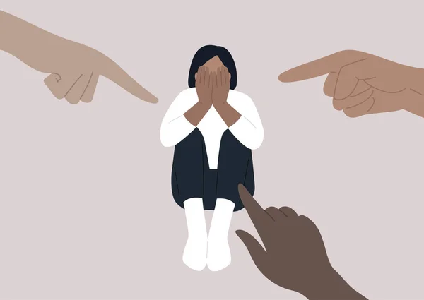 手指指向一个年轻的女性角色 用手捂住她们的脸 绝望的处境 压力和焦虑 受害者的指责 厌女症和性别歧视 — 图库矢量图片