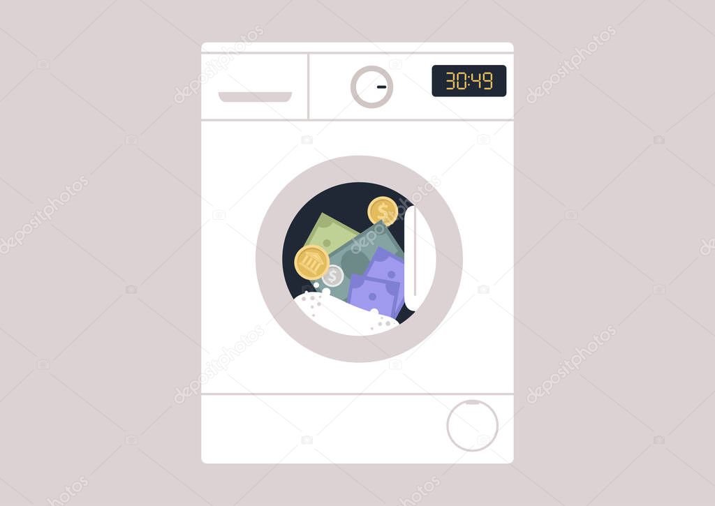 Money laundering concept, a washing machine with banknotes and coins inside