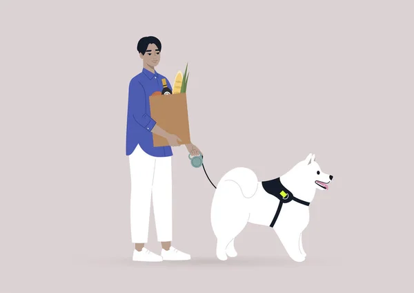 一个年轻的亚洲男子 忙于日常活动 遛狗和买日用品 — 图库矢量图片