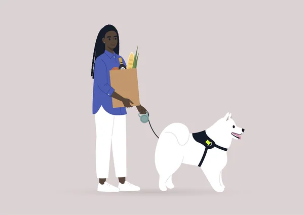 一个年轻的非洲女性角色 忙于日常活动 遛狗和买食品杂货 — 图库矢量图片