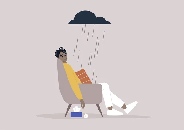 Young Male African Character Bad Mood Sitting Armchair Dark Rainy — Stock Vector