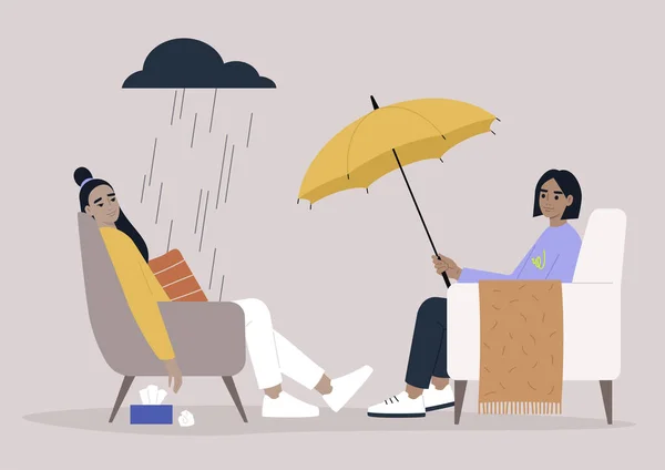 Psychotherapy Session Patient Sitting Rain Cloud Specialist Giving Them Umbrella — Stock Vector