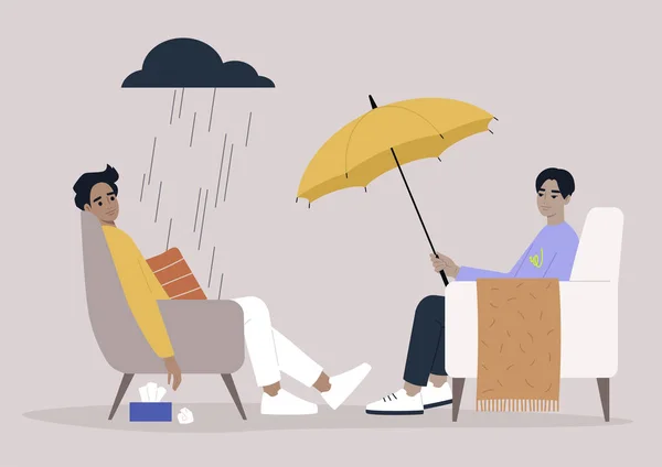 心理療法のセッション 雨の雲の下に座っている患者 専門家は彼らに傘を与える — ストックベクタ