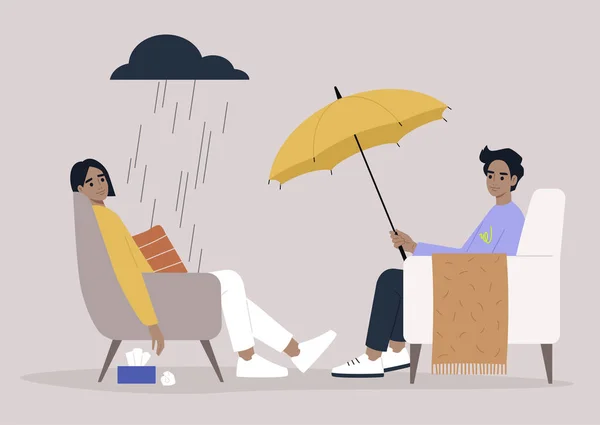 Psychotherapy Session Patient Sitting Rain Cloud Specialist Giving Them Umbrella — Stock Vector