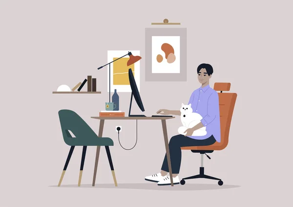 家から猫を膝の上に乗せて働く若い千年文字 リモートオフィスの概念 — ストックベクタ