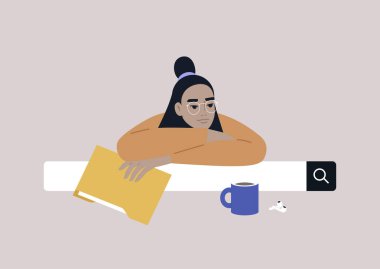 Genç bir karakter makaleleri, eğitimi ve teknolojisi için online araştırma yapıyor.