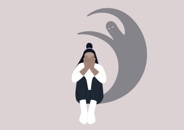 A young female character covering their face with hands, a desperate situation, racism, stress and anxiety, mental health issues clipart