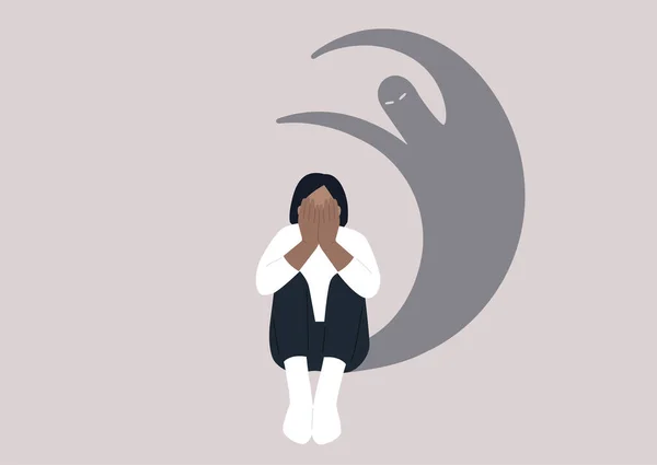 一个年轻的白人女性角色用手捂住脸 陷入绝望 种族主义 压力和焦虑 精神健康问题 — 图库矢量图片