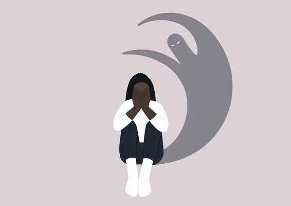 一个年轻的非洲女性人物用手捂住脸 陷入绝望的境地 种族主义 压力和焦虑 精神健康问题 — 图库矢量图片