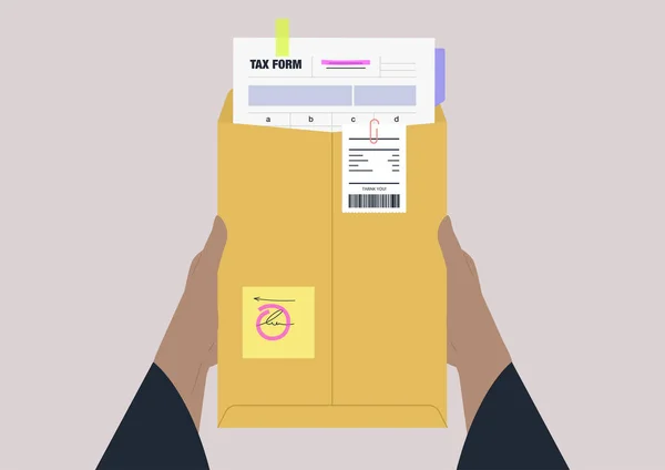 Ein Steuererklärungsformular Mit Zetteln Und Aufklebern Einem Gelben Umschlag Buchhaltung — Stockvektor