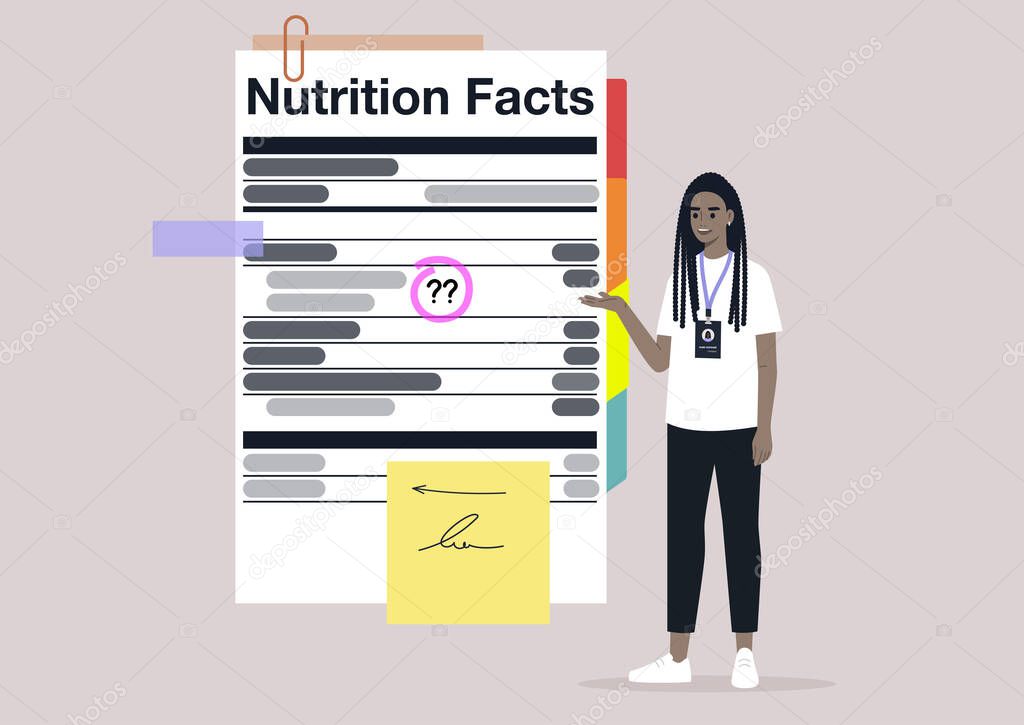 Nutrition facts, added sugar, healthy lifestyle, the balance of ingredients in daily ration, a young character with a badge explaining a product label