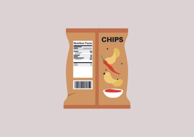 Üzerinde beslenme etiketi olan bir paket baharatlı patates cipsi, sağlıksız atıştırmalıklar.