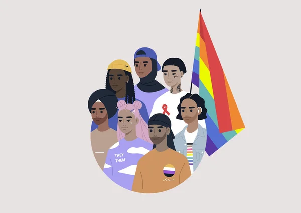 Mångsidig Grupp Moderna Millennials Med Regnbågsflagga Ritad Cirkel Människor Som — Stock vektor