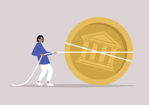 Financiación Una Startup Personaje Joven Tirando Una Moneda Oro Gigante — Vector de stock