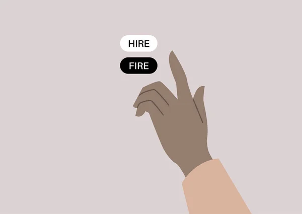 Eine Hand Die Hire Fire Knöpfe Drückt Bewerbungsgespräche Personalkonzept — Stockvektor