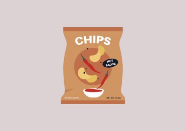 Bir poşet baharatlı patates cipsi, acı soslu, sağlıksız atıştırmalıklar.