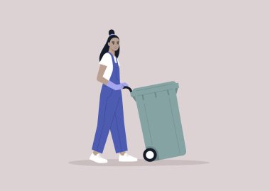 Kot pantolon giyen genç bir modern karakter çöp tenekesi, kamu hizmeti, çevre sohbeti, tekerlek üzerinde plastik bir çöp kutusu topluyor.