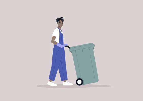 デニムの若い現代的なキャラクターは 廃棄物ビン ユーティリティサービス 環境会話 車輪の上のプラスチックごみ容器を収集全体 — ストックベクタ