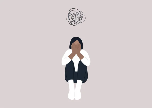 一个年轻的女性角色用手捂住脸 绝望的处境 种族主义 压力和焦虑 精神健康问题 — 图库矢量图片